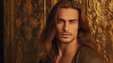 Fototapeta premium Handsome elegant sexy smiling Caucasian man with perfect skin and long hair, on a golden background, banner, close-up.
