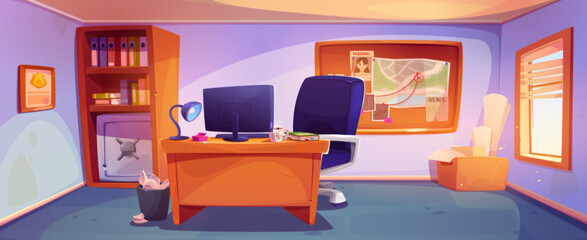 Detective office interior. Vector cartoon illustration of police station room with evidence board on wall, computer on wooden desk, armchair, folders with case documents on shelf, day light in window