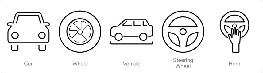 A set of 5 Car icons as car, wheel, vehicle