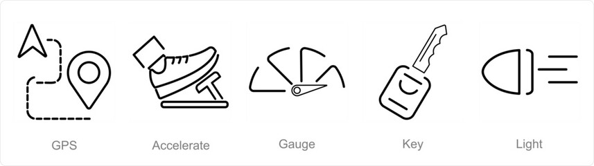 A set of 5 Car icons as gps, accelerate, gauge 