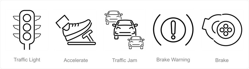 A set of 5 Car icons as traffic light, accelerate, traffic jam