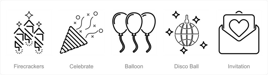 A set of 5 Celebrate icons as firecrackers, celebrate, balloons