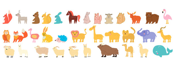 Obraz na płótnie Canvas Cute animals from different habitats. Children design. Flat vector illustrations on white background.