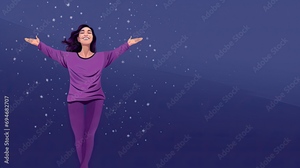 Wall mural illustration of a happy woman in pajamas with her arms spread out to the sides on a starry purple ba