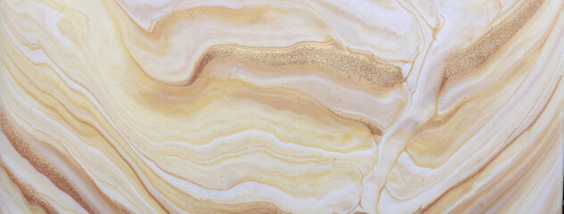 Abstract fluid art background light beige and golden colors. Liquid marble. Acrylic painting with white gradient