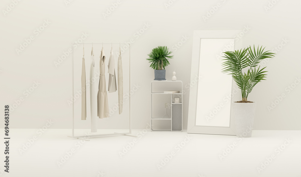 Wall mural creative interior design in white studio. living room interior mockup in soft minimalist with plant 