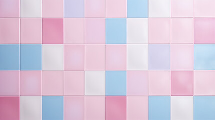 A soft pink and blue pastel-colored checkered square mosaic tiles wall texture background, designed in a seamless pattern.