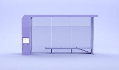 Purple is color trend of the Year 2024. City bus stop on pastel pink background. Creative composition.3d render