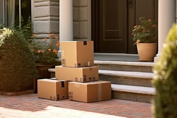 Delivery process. Stack of neatly arranged brown cardboard boxes sits on doorstep of home awaiting recipient. Boxes symbolize convenience of online shopping and reliability of delivery services