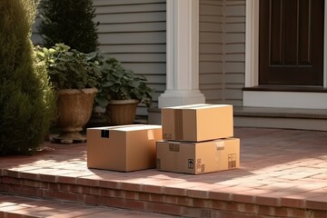 Delivery process. Stack of neatly arranged brown cardboard boxes sits on doorstep of home awaiting recipient. Boxes symbolize convenience of online shopping and reliability of delivery services