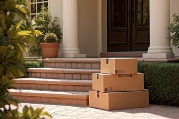 Delivery process. Stack of neatly arranged brown cardboard boxes sits on doorstep of home awaiting recipient. Boxes symbolize convenience of online shopping and reliability of delivery services