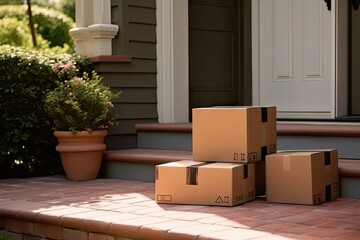 Delivery process. Stack of neatly arranged brown cardboard boxes sits on doorstep of home awaiting recipient. Boxes symbolize convenience of online shopping and reliability of delivery services