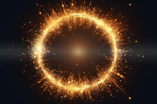 Gold glitter circle of light shine sparkles and golden spark particles in circle frame on black background. Christmas magic stars glow, firework confetti of glittery ring shimmer	