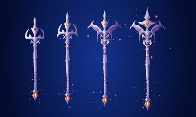 Poseidon or Neptune fantastic trident made of metal and gemstones for game ui level range. Cartoon vector illustration set of mythology harpoon or trishul decorated with jewelry with magic power © klyaksun