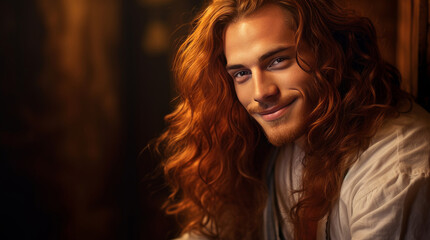 Handsome elegant sexy smiling man with perfect skin and long red hair, on a golden background, banner, close-up.