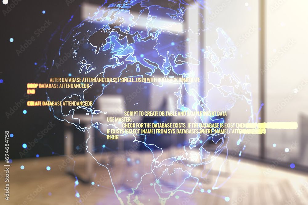 Poster double exposure of abstract programming language with world map and modern desktop with laptop on ba