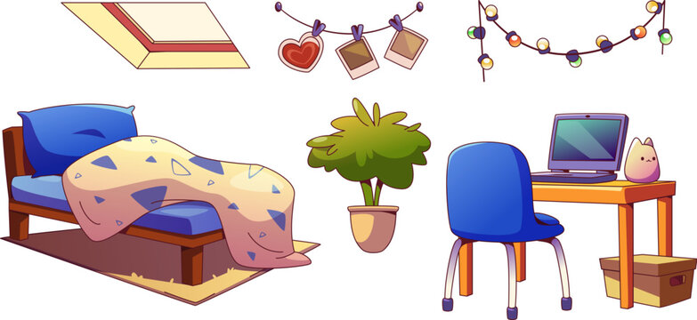 Attic bedroom interior furniture and equipment. Cartoon vector illustration set of items for sleep, study and work in mansarda room - tilted window, bed with pillow and blanket, desk with laptop.