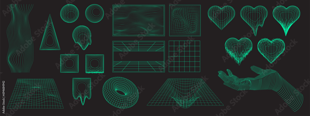 Poster y2k grid abstract shape and design elements. wireframe vector illustration set of geometric forms an