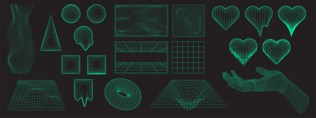 Y2k grid abstract shape and design elements. Wireframe vector illustration set of geometric forms and symbols for retro futuristic 2000s and brutalism style design. Simple wire cyberpunk figures.