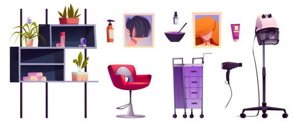 Beauty parlor design elements set isolated on white background. Vector cartoon illustration of hairdresser armchair, hair dryer and dye, clean towels on shelf, shampoo bottle, haircut posters on wall