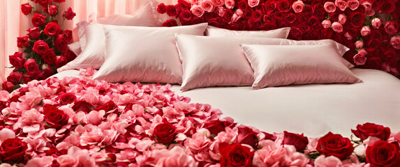 A Beautiful Bed Adorned With a Vibrant Array of Pink and Red Flowers