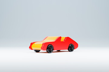 3d illustration of a child's toy  colorful  wooden car. Toy made of wood retro car on a white background