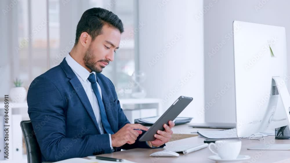 Poster Digital tablet, serious businessman sending an email, searching the internet and browsing online. Entrepreneur using modern technology while writing a business proposal for a startup company