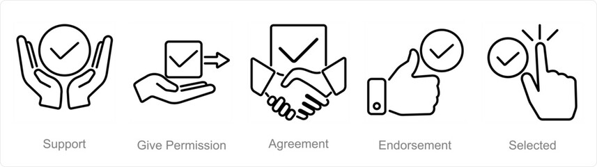 A set of 5 Checkmark icons as support, give permission, agreement - obrazy, fototapety, plakaty