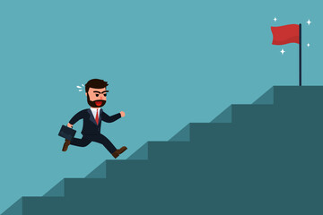 A male businessman quickly runs up the stairs to grab the success flag. Stairway to success. Growing business ideas and the path to success. Vector illustration in cartoon style - obrazy, fototapety, plakaty