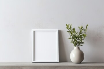 White Frame Mockup with Green Plant in Ceramic Vase Decor