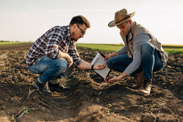 Agronomists are inspecting the quality of soil in the field.