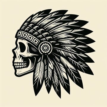 illustration of native skull indian, vintage style, ai generate