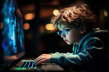 Children's gaming addiction. Little boy with glasses playing a game on the computer at night indoors - obrazy, fototapety, plakaty