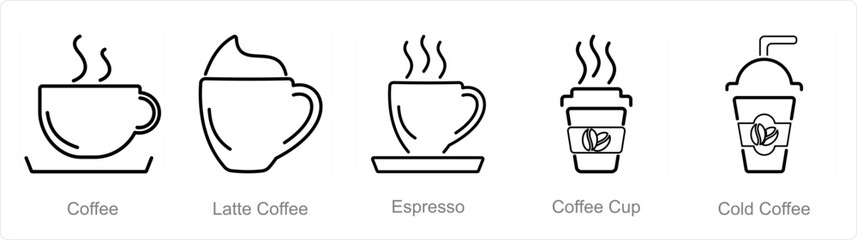 A set of 5 Coffee icons as coffee, latte coffee, espresso