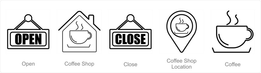 A set of 5 Coffee icons as open, coffee shop, close