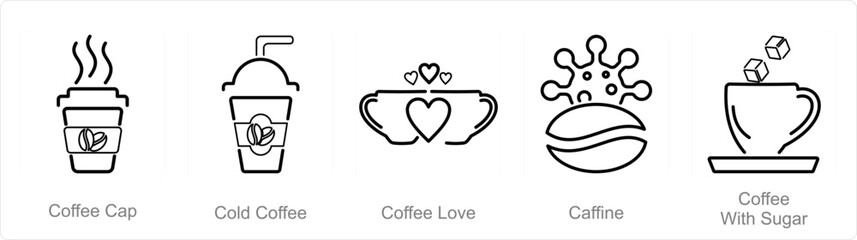 Obraz premium A set of 5 Coffee icons as coffee cup, cold coffee, coffee love