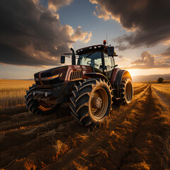 Close up of a Tractor with a sunrise in the background