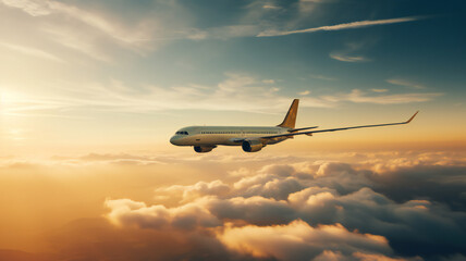 Airplane in the sky, over the cloudy sky