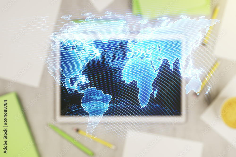 Poster multi exposure of abstract graphic world map and modern digital tablet on desktop on background, top