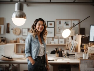 Happy female designer standing in the office, surrounded by creative tools and sketches - Powered by Adobe