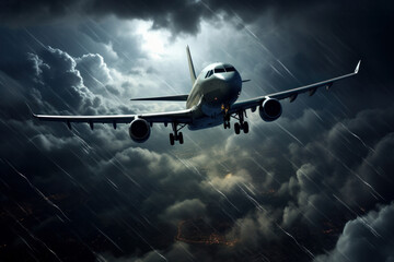 Passenger plane flying through turbulent thunderstorm with dramatic lightning, symbolizing aviation's resolve in extreme conditions. AI Generative.
