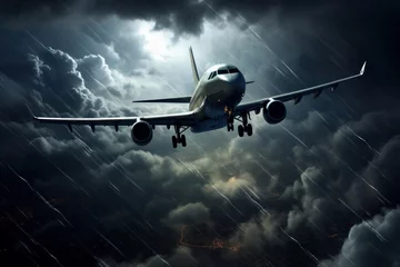 Fotobehang Passenger plane flying through turbulent thunderstorm with dramatic lightning, symbolizing aviation's resolve in extreme conditions. AI Generative. © Alisa