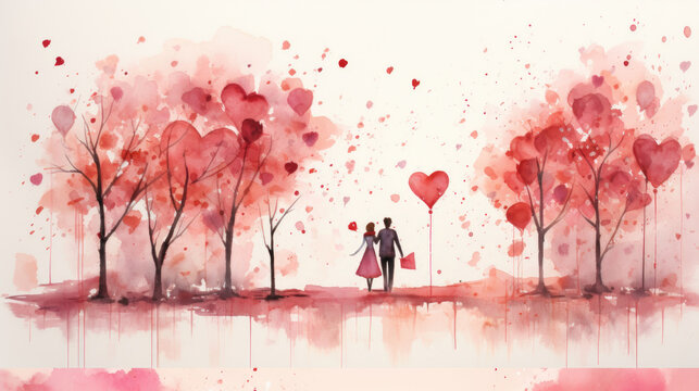 couple with heart shaped balloon is working in part with pink trees. Watercolor postcard for valentine day