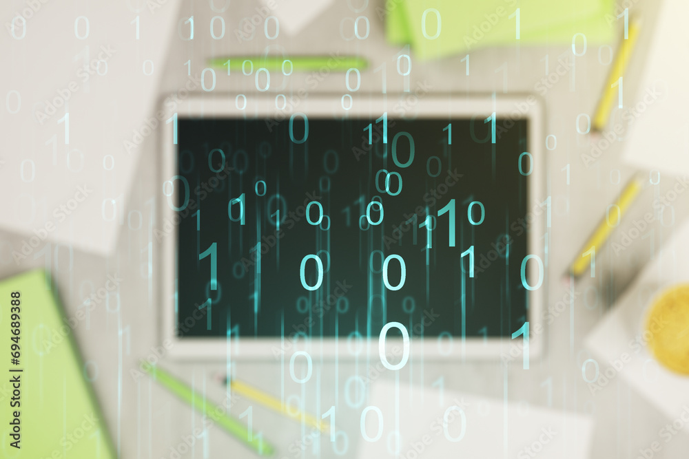Aufkleber Creative abstract binary code hologram and modern digital tablet on desktop on background, top view, AI and machine learning concept. Multiexposure