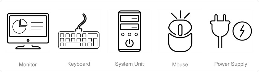 A set of 5 Computer Parts icons as monitor, keyboard, system unit