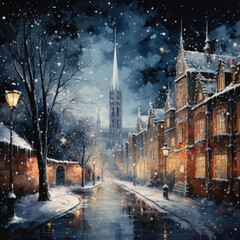 winter snowy street with house alongside, watercolor postcard