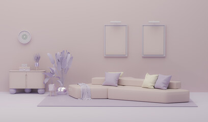 Creative composition. Interior of the room in purple, pink ivory color with furnitures and room accessories, frame mock up. Light background with copy space. 3D render for web page, studio. 