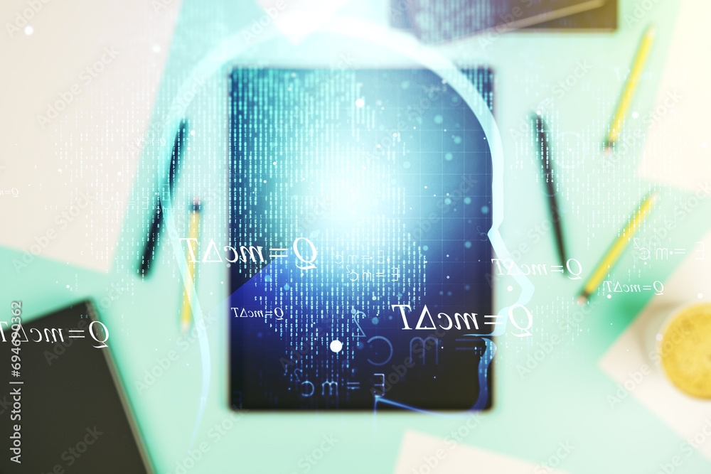 Poster creative artificial intelligence concept with human head sketch and modern digital tablet on desktop