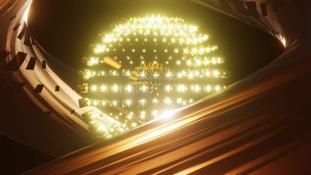 Psychedelic abstract bright disco ball spinning seamless. Glowing gold colors. Seamless loop background. Dance party. 3d render for music performance. Seamless VJ loop animation