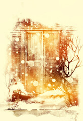 Old vintage door in winter day. Mixed media: watercolour, gouache, digital. 